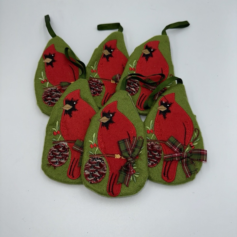 Set of 6 Felt Cardinal Christmas Ornament Gift Card Holder‎ Pocket Rustic Green